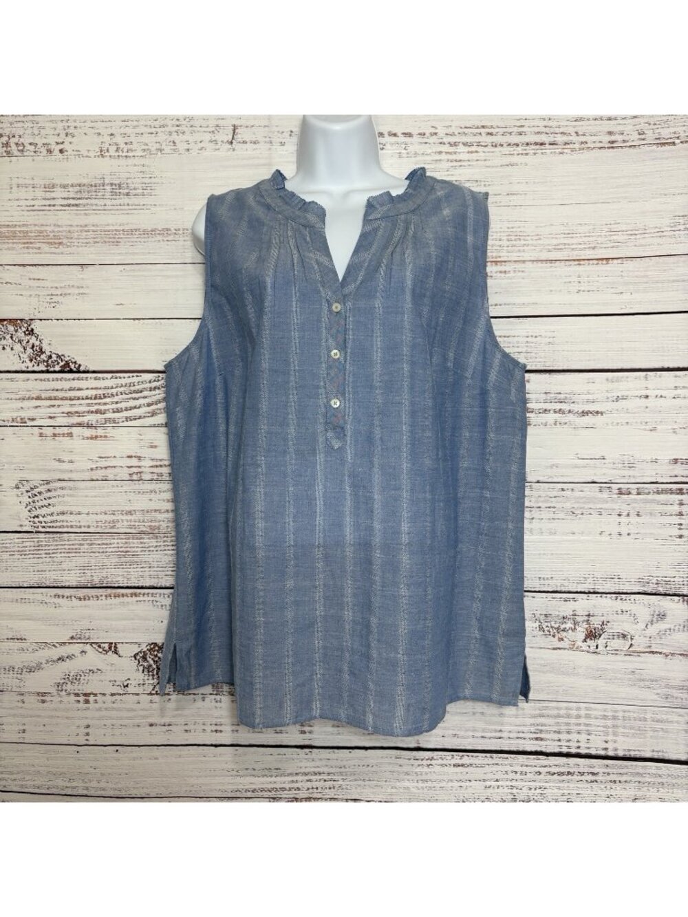 Talbots Blue Stripe V Neck Button Ruffle Trim Sleeveless Top